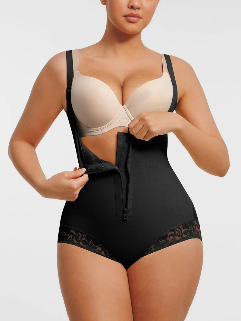 U-shaped Bust Lifting Front Zipper Lace Briefs Shapewear
